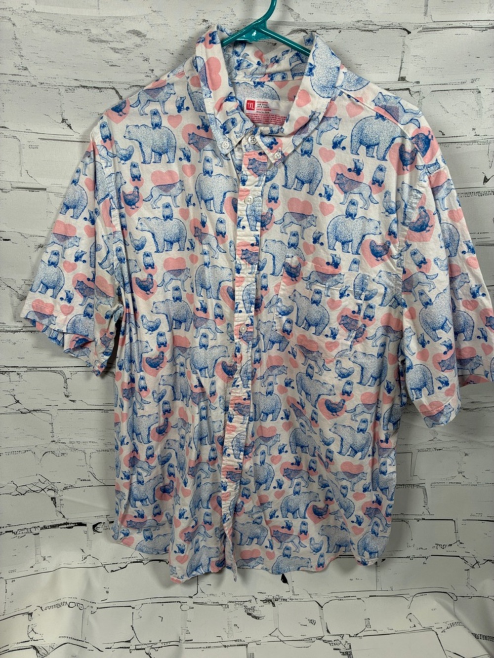 Goodfellow & Co Blue and Pink Animal-Print Short Sleeve Button-Down Shirt